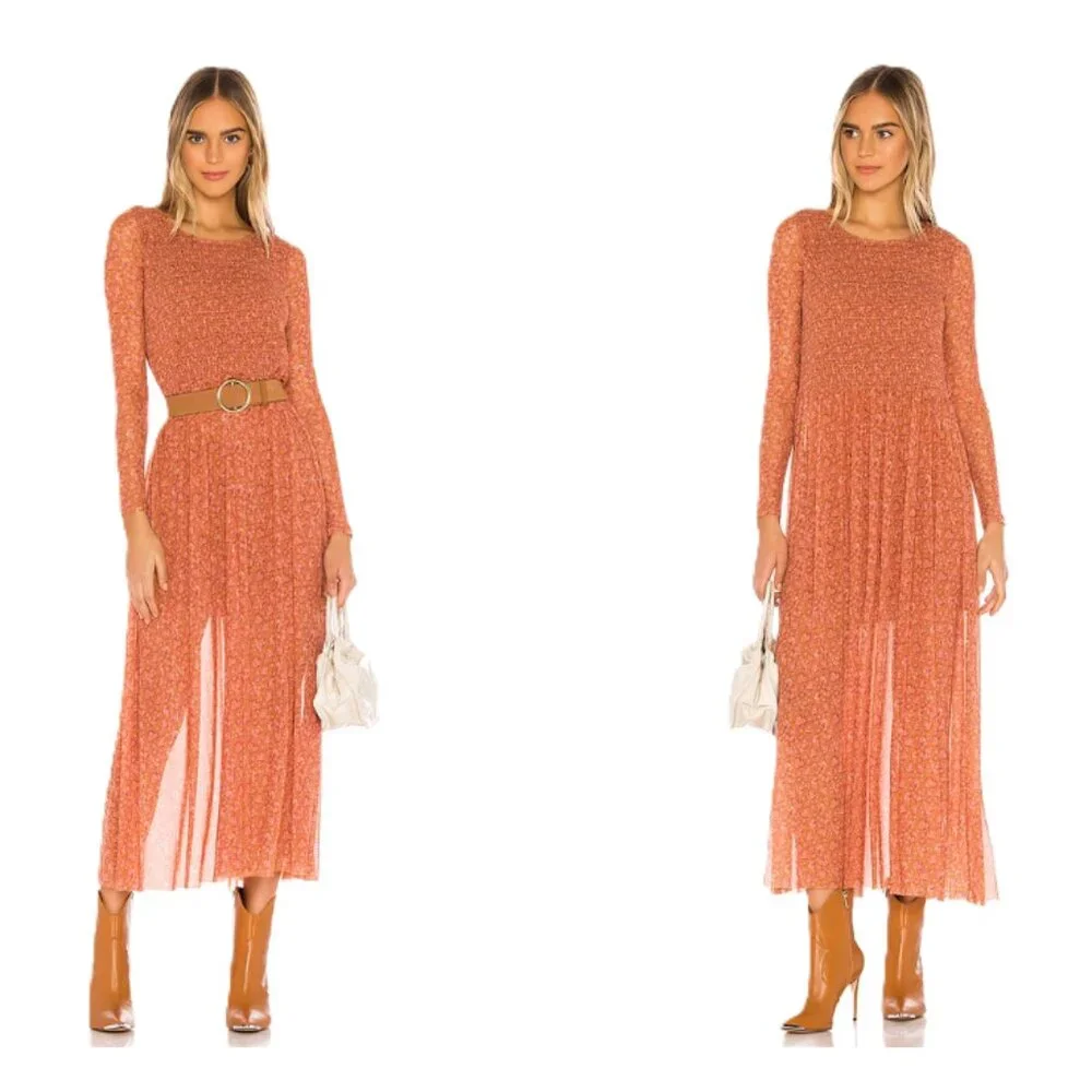 Free People Hello and Goodbye Midi Dress Floral Orange/Brown Est. Medium Boho - Picture 2 of 11